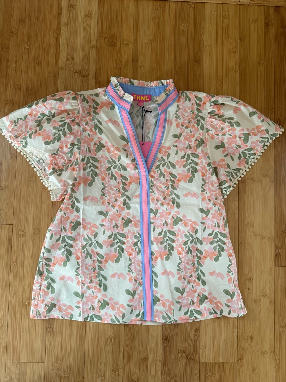 THML Floral Print Pink and Green Short Sleeve Ruffle Neck Top